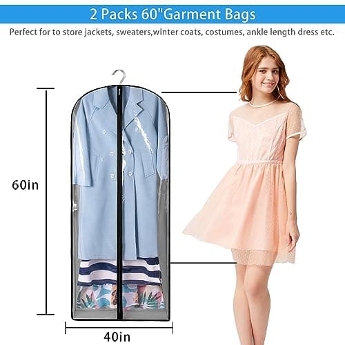 2 Pack Clothes Dress Covers with Zip, 60" (150cm) Garment Bags Clothes Storage Gusseted Suit Covers Protector Bags Breathable Hanging Garment Covers Suit Bag Jacket Coat dress Covers for Wardrobe — view 4