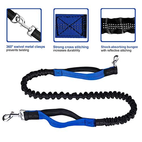 Hands Free Dog Leash for Running Walking Training Hiking, Dual-Handle Reflective Bungee, Poop Bag Dispenser Pouch, Adjustable Waist Belt, Shock Absorbing, Ideal for Medium to Large Dogs (Black Blue) — view 2