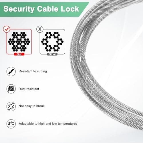 M METERXITY 1-Set Security Cable Lock with 3 Digit Combination Lock, 6.56FT PVC Coated Steel Luggage Lock Wire Rope for Luggage Suitcase/Outdoor Travel/Bike, Double Loop Cable [Silver] — view 2