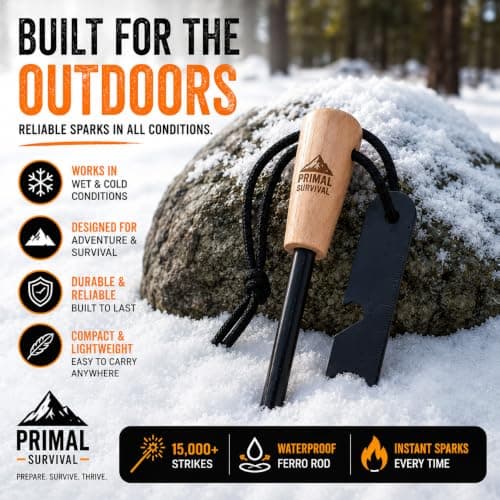PRIMAL SURVIVAL Fire Starter Kit | 10mm Ferro Rod & Fire Steel with Striker | Flint and Steel Fire Starter for Bushcraft, Camping, Hiking & Outdoor Use | Wooden Handle — view 4