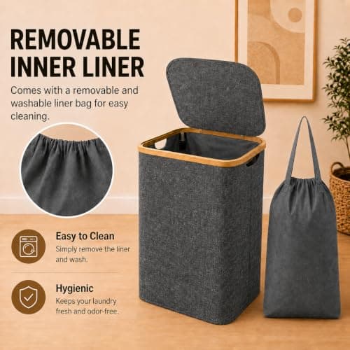 Bamboo Laundry Basket,Removable Bag, Foldable Clothes Hamper,Charcoal, 85L — view 2