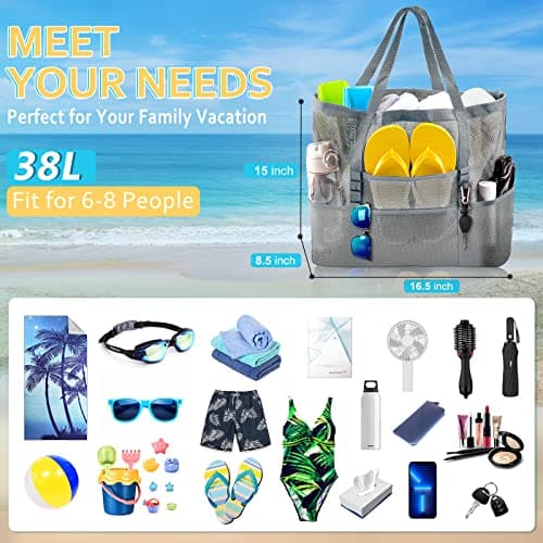 SRISE Mesh beach bag - Large beach tote bag for family beach bag for toys & vacation Essential, Grey, L, Modern — view 2