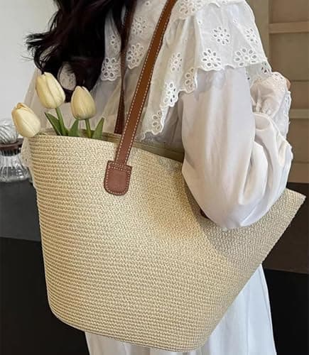 NTUOCAW Straw Beach Bag for Women Summer Beach Bag Large Beach Tote Bag Woman Shoulder Bag for Beach Travel Shopping Vacation Swim Pool Holiday Essentials Beach Tote Bags with Zipper (45cm*30cm*14cm) — view 2