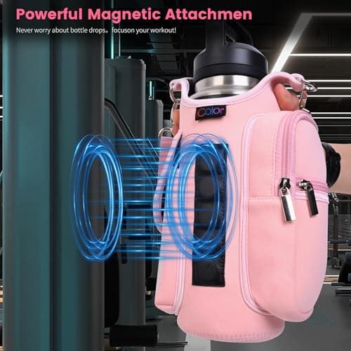 icolor Gym Magnetic Bag Water Bottle Carrier Holder with Strap & Phone Pockets, Diameter 3.9" Magnetic Gym Bag 5 Built-in Magnets Gym Accessories Organizer Pouch Sling Sleeve (Neoprene, Pink) — view 2