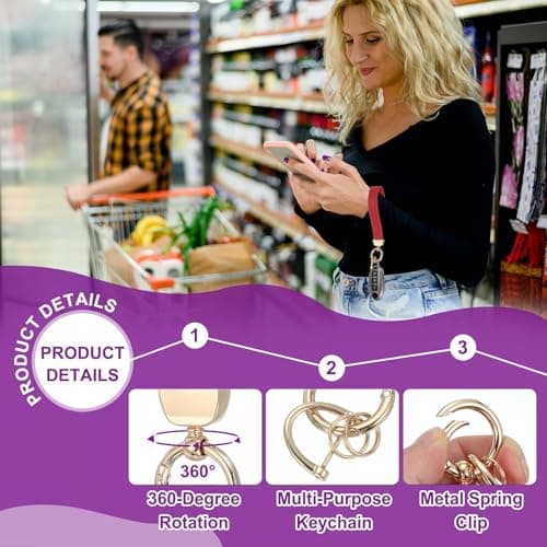 sourcing map Leather Wristlet Keychain Car Key Chain Wristlet for Women, 7 Inch Key Fob Holder with D Ring and 2 Key Ring for Keys Wallets Purse, Gold Tone/Brown — view 3