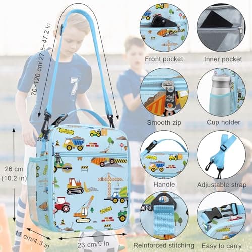 Clastyle Car Insulated Lunch Bag Truck Large Thermal Cooler Bag for Boy Picnic Lunch Box Tote, Blue Construction — view 4