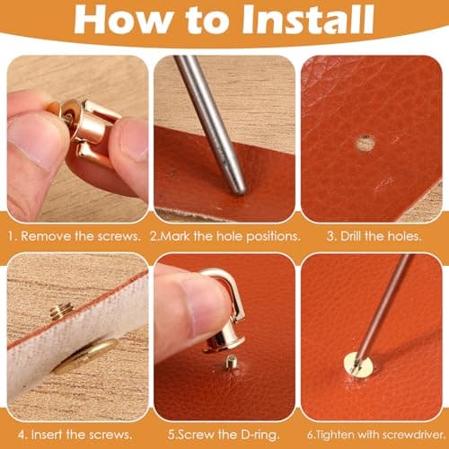 4PCS D Rings for Purse, 360 Degree Rotatable D Ring Stud Screw Ball Studs Rivets, Crossbody Conversion Kit, Gold Metal Bag Hardware for Leather Purse Straps Handbag DIY Craft — view 3