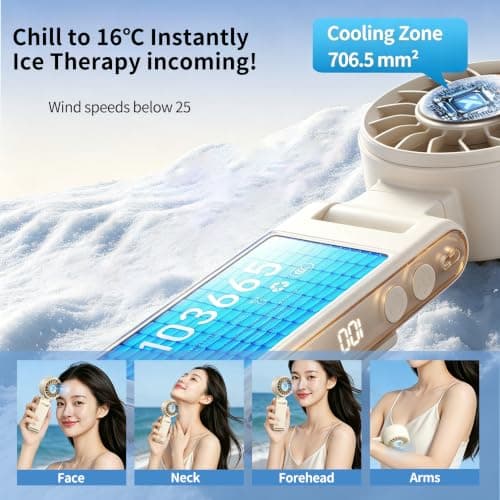Curloni Portable Handheld Turbo Fan with Ice Cooling, 8m/s High Speed Turbo Fan, 4-in-1 Hand/Neck/Desk/Waist Fan with Clip for Umbrella, Stroller, Office, Beach, Outdoor, Summer/Travel Essentials — view 2