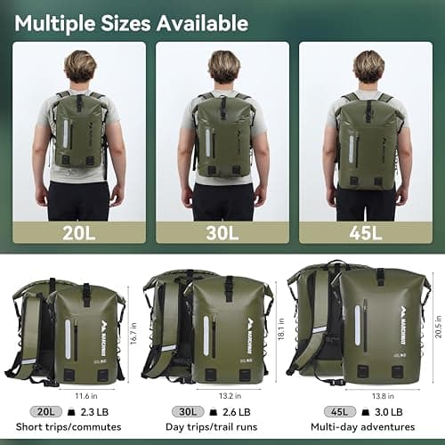 MARCHWAY Roll Top Waterproof Backpack, Floating Dry Bag 20L/30L/45L with Ergonomic Rectangular Base, Cushioned Back, Hip Strap, Gear Loops, MOLLE for Hiking Camping Kayaking Travel (Army Green, 20L) — view 5