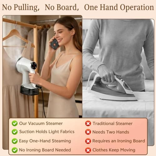 Handheld Garment Vacuum Steamer for Clothes, 3600Pa Suction Wrinkle Remover, Fast 30s Heat-Up, 2 Steam Modes, 400ml Tank, One-Hand Operation for Home Travel Wedding Gown — view 3