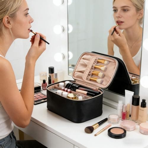 Travel Makeup Bag Portable Cosmetic Bag with Makeup Brushes Organiser Black — view 5
