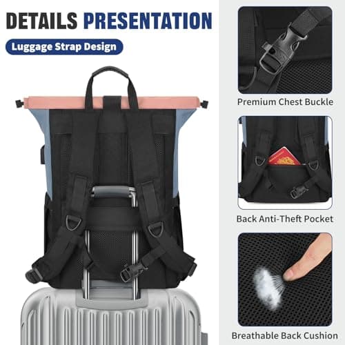 Sheonie Roll Top Backpack for Men Women, Expandable Laptop Backpack Fits 15.6 Inch with USB Charging Port, Large Water Resistant Rucksack School Bookbag for Travel Work Business Camping (Pink) — view 5