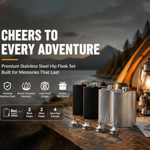 Tebery 4 Pack 8oz Hip Flask with Funnel, Stainless Steel Whiskey Flask, Leakproof, Portable Liquor Hip Flask for Men (Black & Silver) — view 2
