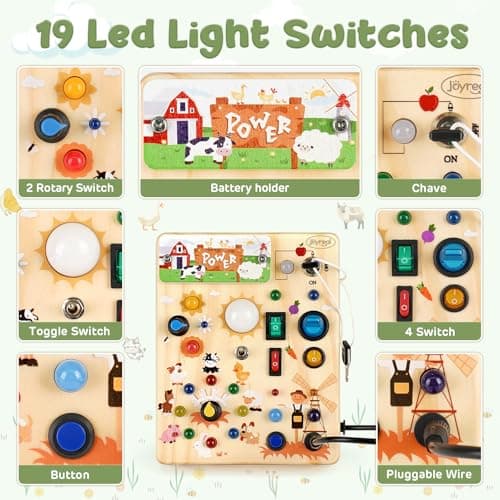 Joyreal Montessori Busy Board 2 Year Old, Fidget Board with 19 LED Lights, Wooden Sensory Toys for Toddlers, Activity Board Educational Toys Travel Toys for Boys Girls 2 3 Year Olds (Farm) — view 2