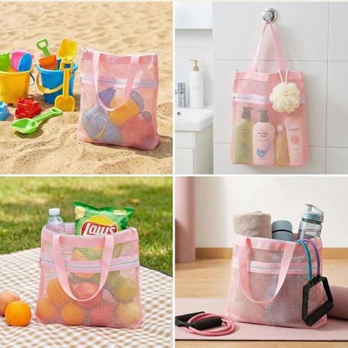 2 Pcs Mesh Shower Caddy Bag, Portable Pink Toiletry Tote with Zipper, Quick Dry Hanging Wash Organiser for College Dorms, Gym and Swimming, Compact Travel Beach and Camping Pouch — view 6