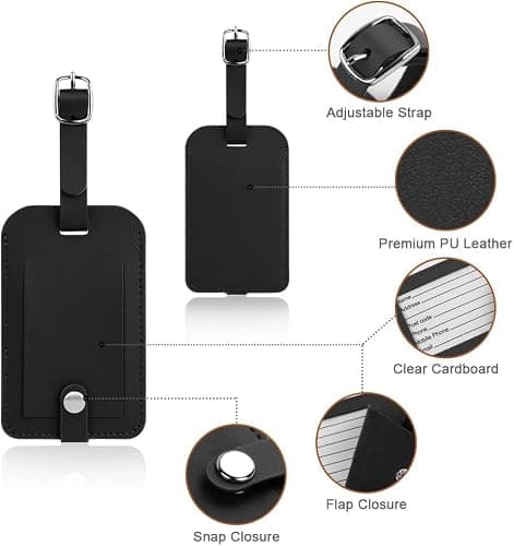 Flintronic 4 Pcs Luggage Tags, Leather Baggage Labels, Suitcase Name ID Card Tag Set, Leather Tags Travel Handbag Accessories for Preventing Loss of Bags(Black) — view 4