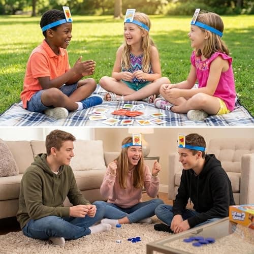 Falafoty What Am I Game, Let Me Guess! Family Fun Quiz Game with New Cards, Headbands, Picture Guessing Who Card Game Family Board Game for After Dinner Party Travel Pocket Game for Kids Adult (Blue) — view 5