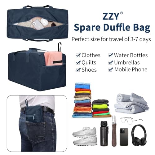 ZZY 35L Foldable Travel Duffle Bag, 22-Inch Packable Small Duffel Bag Lightweight Holdall for Camping, Storage, Travel-Navy Blue — view 2