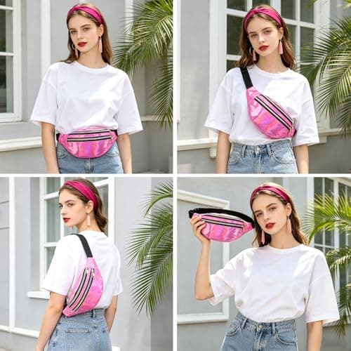 BAIYSFFG Metallic Fanny Pack Fashionable Waist Bag Waterproof Belt Bags Unisex Fashion Waist Casual Travel Bum Bag with 3 Zipper Pockets for Women Men Sports Running Hiking Jogging (Pink) — view 3