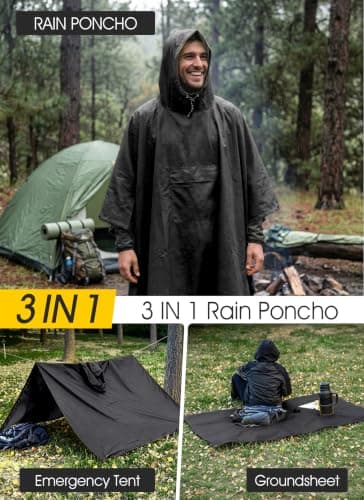 TOMSHOO 3 in 1 Rain Poncho Waterproof Adult (Black) — view 2