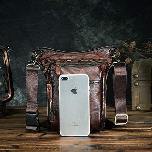 Le'aokuu Mens Genuine Leather Motorcycle Waist Pack Messenger Shoulder Drop Leg Bag 211-5 (211-5 A2 Red-Brown)… — view 2