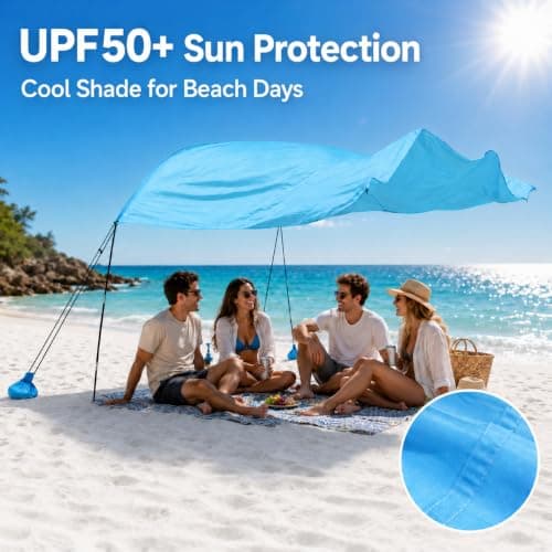 3m x 3m Beach Canopy Sun Shelter, Lightweight Beach Tent with Pre-Attached Sandbags & Thick Wind Ropes, Easy Setup Portable Beach Shade for Family, Garden & Outdoor (Blue, 3m × 3m) — view 6