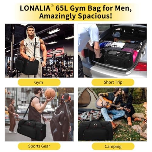 LONALIA 65L Travel Duffle Bag for Men - 24 inch Large Sports Holdall Bag for Overnight Football Weekend (Black) — view 5