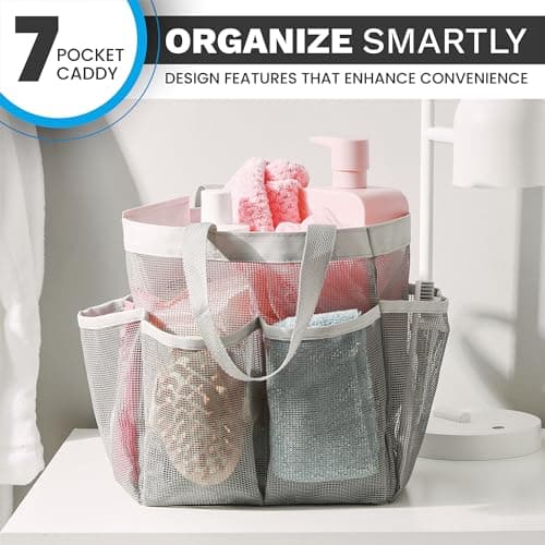 Handy Laundry Mesh Shower Caddy - 7 Pocket Portable Bathroom Organizer Tote for Travel, Gym & Dorm - Collapsible Small Shower Caddy Bag to Hold Toiletries & Essentials (Grey) — view 5