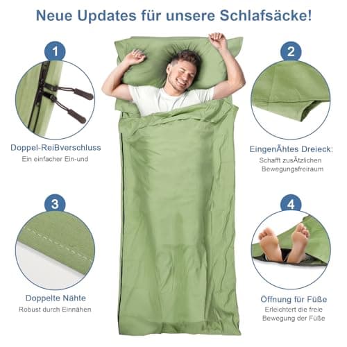 LSTRAGY Sleeping Bag Liner with Pillow Slot,Portable Lightweight Sleeping Bag Liners with Two Way Zippers,220x95cm Travel Sheet for Backpacking, Hostels, Huts Camping Essentials(Green) — view 2