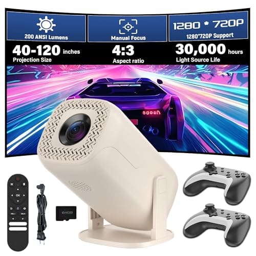 Mini Portable Projector with WiFi and Bluetooth, 720P 200 ANSI, Android 14, Compatible with 36000+ Games 14 Emulators, 180° Rotatable Smart Projector for Bedroom, Outdoor (U5,Cream White)