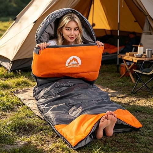 Sleeping Bag 3 Seasons (Summer, Spring, Fall) Warm & Cool Weather - Lightweight,Waterproof Indoor & Outdoor Use for Kids, Teens & Adults for Camping Hiking, Backpacking and Survival (Grey Orange) — view 3