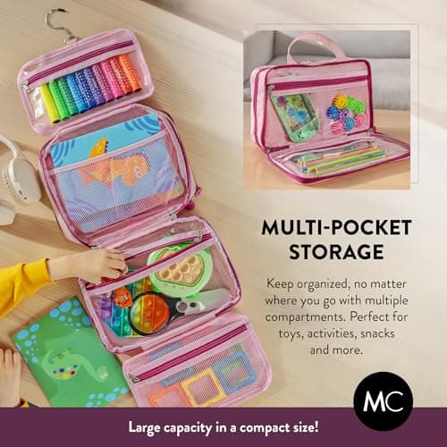Kids Travel Organizer – Multi-Compartment, Water-Resistant Hanging Bag for Toys, Snacks, & Activities - Compact, Lightweight Design with Hook & Carry Handle - Perfect for Travel Use (Pink, Small) — view 4