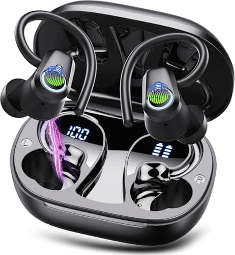 wowtravel Wireless Earbuds Bluetooth 5.3 Sport Headphones with Earhooks 50H Playtime Dual LED Display HiFi Stereo Bass IPX4 Waterproof In Ear Earphones USB C Fast Charge