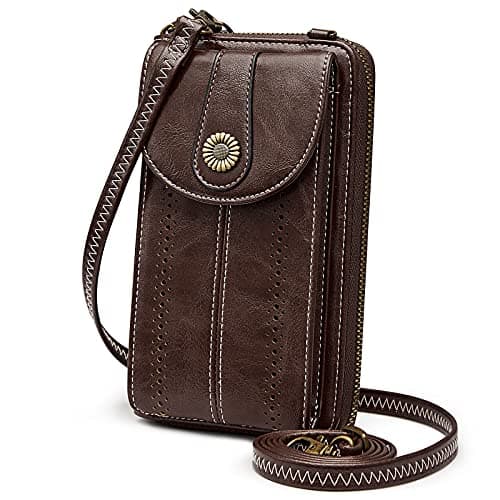S-ZONE RFID Blocking 6.7 Inch Phone Purse Small Crossbody Bag PU Leather Cellphone Wallet Retro Hollow for Women Lady