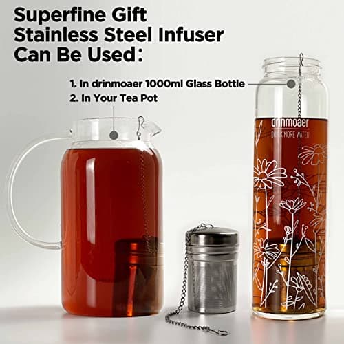 drinmoaer 1L Borosilicate Glass Water Bottle with Bamboo Lid and 2 Tea Infuser Sets for Fruit Infused Water and Cold Brew Coffee - Glass Travel Tumbler with Strainer for Loose Leaf Tea (Flower) — view 4