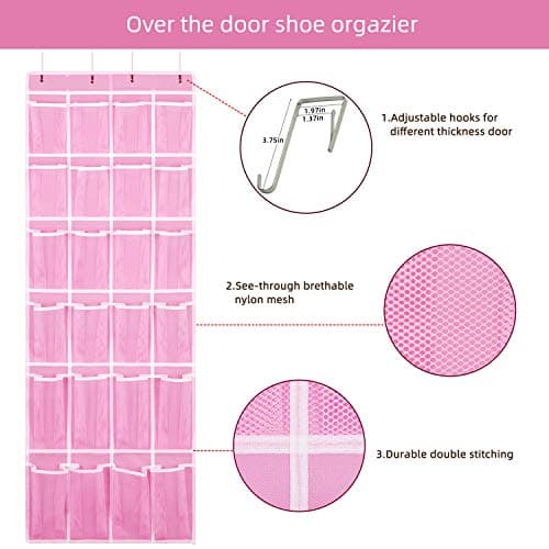 SAVERHO Hanging Shoe Organizer, Over The Door Shoe Organizer with 24 Breathable Mesh Pockets for Men Women Kids Hanging Shoe Storage Rack Organizer Size:58x21 Inch（Pink） — view 4