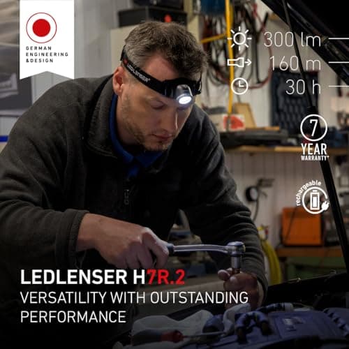 Ledlenser H7R.2 Rechargeable LED Head Torch, Super Bright 300 Lumens Headlamp, IPX6, Up to 30 Hours Run Time, Powerful Strobe Self Defense Feature, Camping Headlight, Running Torch, Hiking Equipment — view 2