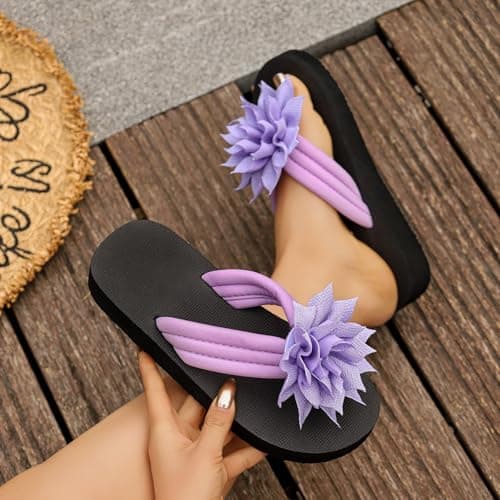 Flower Flip Flops Women Beach Slippers Size 6.5 Boho Open Toe Slip on Flat Sandals Summer Comfortable Yoga Mat Thong Sandals for Pool, Travel Vacation Slippers Flower Purple Footwear Gift — view 4
