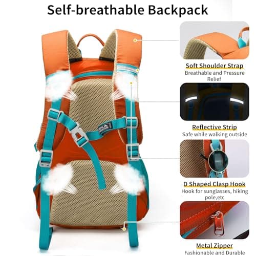 Lightweight Hiking Backpack, 30L Women/Men Waterproof Travel Rucksack Bag with Rain Cover, Outdoor Small Foldable Daypack for Student, Fit for 15.6 inch Laptop (Orange, 30l) — view 4