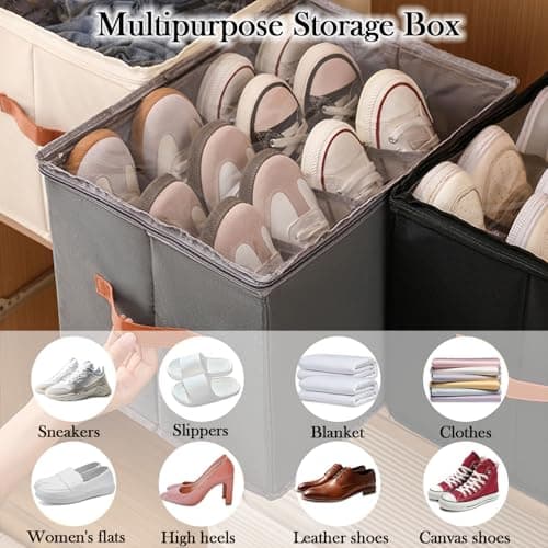 HZXYchen Shoe Storage Organizer, Shoe Organiser Fits 16 Pairs, Shoe Box Storage Containers with Clear Cover & Handles, Foldable Storage Bins with Sock Storage Net Fit for Boots Heels Sneakers (khaki) — view 5