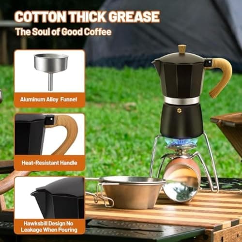 EcoLivzen European Style Coffee Pot with Wooden Handle, Aluminium Turkish Brew Maker for Gas and Electric Stoves, Portable Espresso Pot for Camping and Travel, Red(150ML Matte Black) — view 4