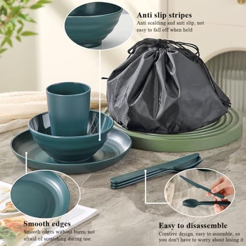 ReaNea Camping Mess Kit for 2 with Bowl, Plate, Cup, Spoon, Fork, Knife and Carry Bag, Plastic Camping Accessories Essentials Gear for Couple Travel, Picnic, Outdoor, Easy to Carry — view 4