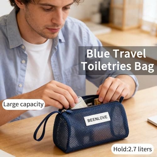 Mesh Travel Toiletry Bag,Large Capacity 2.7L Portable Makeup Bag with Handle for Travel,Gym,Beach & Daily Storage(Blue) — view 2