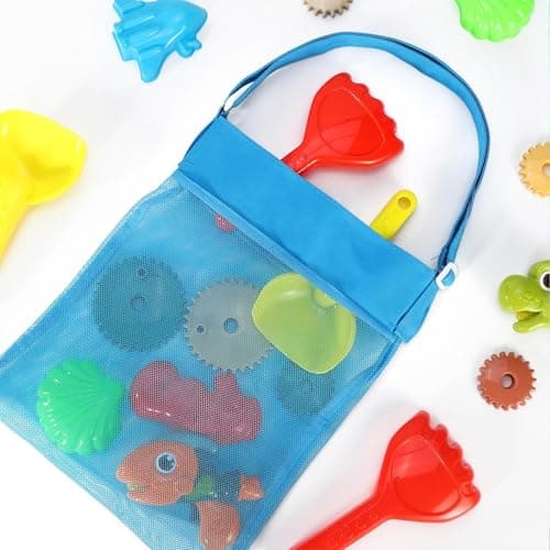 QIWEIQING 5-Pack Colorful Mesh Beach Bags, Mesh Beach Bags for Toys Sand Away Tote with Zipper for Child Swim Pool Travel Sandy Shoes Wet Towels. Yellow, Rose Red, Purple, Green, Blue(5-Pack) — view 6
