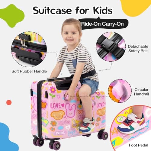 20" Ride On Luggage for Kids,Cute Pattern,Lightweight Hardshell Carry-On Luggage with Double Spinner Wheels,TSA Lock,Circular Handrail,Safety Belt,Foot Pedal,for Boys&Girls,Load Cap. 120 lbs (Pink) — view 4