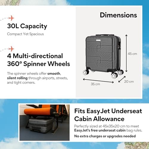 WORLD EXPLORER Dark Grey Cabin Suitcase 45x35x20cm, 30L ABS Shell, 4 Wheels — view 2