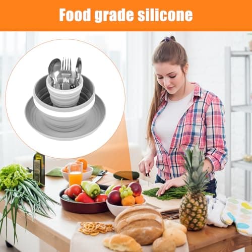 Camping Cutlery Set for 1, Folding Camping Plates and Bowls Set, 7 Pcs Camping Mess Kit Include Knife, Spoon, Fork, Cup, Bowl & Plate, Camping Utensils, Crockery Sets for Travel Outdoor Hiking Picnic — view 5