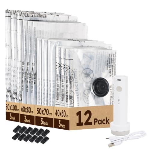 Hoikwo Vacuum Storage Bags with Cordless Electric Air Pump, 12 Pack Space Saver Vacuum Pack Bags for Clothes Duvet Bedding Comforter, Airtight & Reusable for Travel Suitcase
