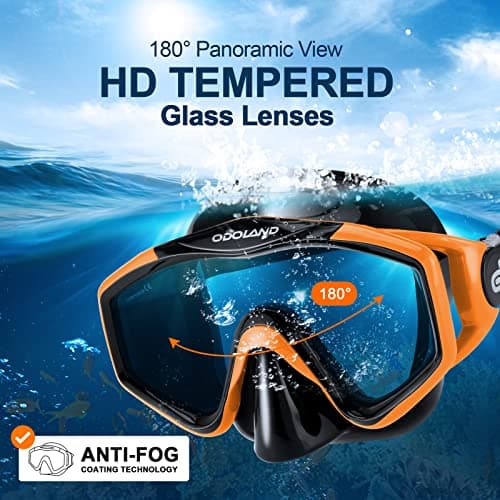 Snorkel Set for Adults, Anti-Fog Diving Mask with Dry Top Snorkel & Swim Fins, Wide View Scuba Flippers Snorkeling Gear for Men Women Youth Orange M — view 2