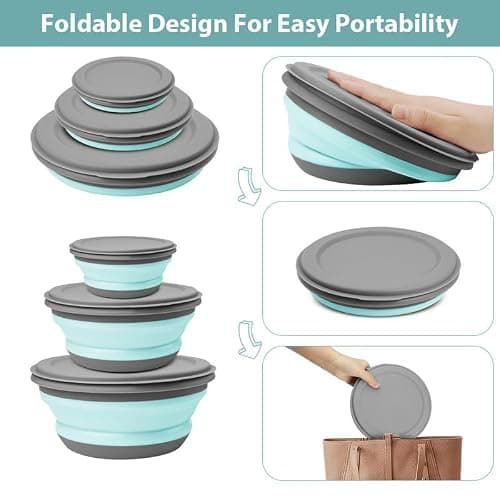 flintronic 3Pcs Collapsible Camping Bowl Sets, Portable Silicone Bowl with Lid, Folding Bowl, Portable Salad Bowl, Folding Lunch Box for Camping, Hiking, Kitchen, School, Blue — view 4